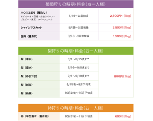 フルーツ狩り料金表